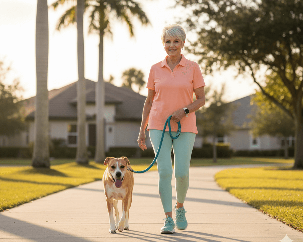 Daily steps, daily recall Older adult walking a dog at sunrise on a quiet neighborhood path, looking relaxed and focused.